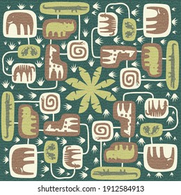 Seamless pattern of cute jungle animals. For backgrounds, children's decor, fabric and paper design. Texture overlay, easy to edit.