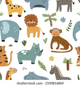 Seamless pattern with cute jungle animals and plants. Vector illustration isolated on white background for your design