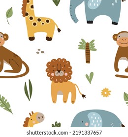 Seamless pattern with cute jungle animals and plants. Vector illustration isolated on white background for your design