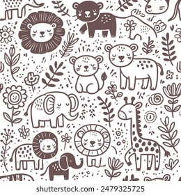 Seamless Pattern of Cute Jungle Animals Design