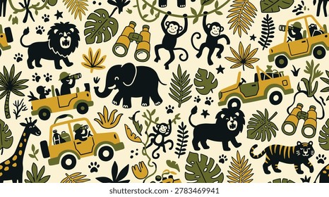 Seamless Pattern with Cute Jungle Animals and Safari Jeeps for Kids