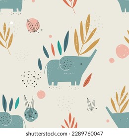 Seamless pattern with cute Jungle Elephant. Hand drawn vector illustration. For kids
