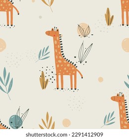 Seamless pattern with cute Jungle jiraffe. Hand drawn vector illustration. For kids