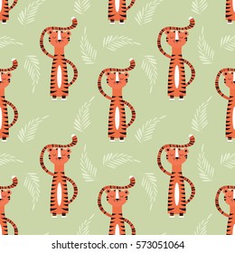 Seamless pattern with cute jungle orange tiger, vector illustration