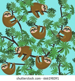 Seamless pattern with cute jungle sloths on blue background, vector illustration