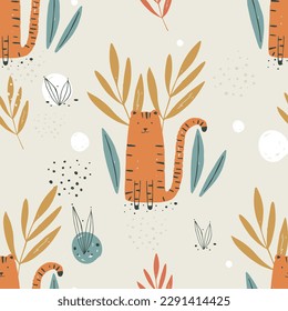 Seamless pattern with cute Jungle Tiger. Hand drawn vector illustration. For kids