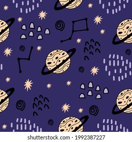 Seamless pattern with cute Jupiter, stars, constellations for decorating baby fabrics, rooms, dishes, wallpaper, prints for newborn clothes. Doodle style. The planet with the ring is Jupiter.