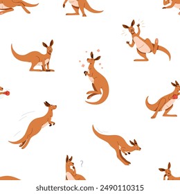 Seamless pattern, cute kangaroo characters. Happy funny adorable Australian animals, endless background. Australia marsupials, childish design, repeating print for fabric. Flat vector illustration