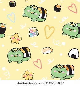 Seamless pattern of cute kappa with sushion yellow background.Animal character design.Japanese monster.Repeat.Baby clothing.Kawaii.Vector.Illustration.