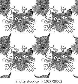 Seamless pattern with cute kats. Cat background in mandala style. Black and white vector illustration.