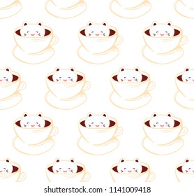 Seamless pattern Cute Kawai cat in cup of froth art coffee, isolated on white background. Latte Art 3D. milk foam top on the cup of hot chocolate. Doodle sketch. Vector