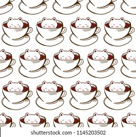 Seamless pattern Cute Kawai cat in cup of froth art coffee, isolated on white background. Latte Art 3D. milk foam top on the cup of hot chocolate. Doodle sketch. Vector