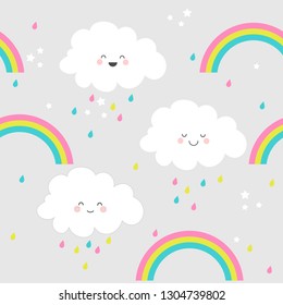 Seamless Pattern Cute Kawai Clouds Stars Stock Vector (Royalty Free ...