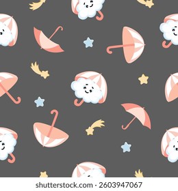Seamless pattern of cute kawai clouds, stars and umbrella on grey background. Design for children's textiles, bed linen, pajamas, wallpaper and much more.