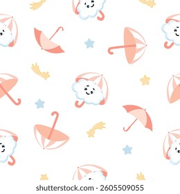 Seamless pattern of cute kawai clouds, stars and umbrella on white background. Design for children's textiles, bed linen, pajamas, wallpaper and much more.