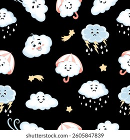 Seamless pattern of cute kawai clouds, stars, raindrops and umbrella on black background.