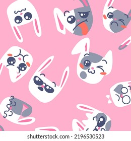 Seamless pattern with cute Kawai rabbits. Different expression muzzles bunnies in doodle style. Angry, cheerful, joyful, happy, sick, love, suspicious, playful, laughing kawaii hare. Vector art