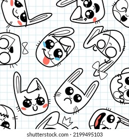 Seamless pattern with cute Kawai rabbits. Different expression muzzles bunnies in doodle style. Angry, cheerful, joyful, happy, sick, love, suspicious, playful, laughing kawaii hare. Vector art