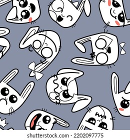 Seamless pattern with cute Kawai rabbits. Different expression muzzles bunnies in doodle style. Angry, cheerful, joyful, happy, sick, love, suspicious, playful, laughing kawaii hare. Vector art