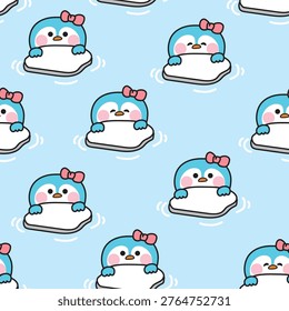 Seamless pattern cute kawaii baby girl penguin peeking over floating ice block in the water. winter arctic animal cartoon vector background for kids apparel and textile. Polar bird.