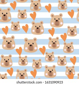 Seamless pattern with a cute kawaii bear on a white background with blue stripes and hearts. Vector illustration, cartoon.