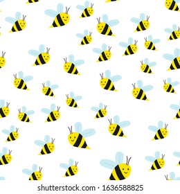 Seamless pattern with cute kawaii bees on a white background. Vector illustration, hand drawn. Design for fabric, textile, wrapper, print.