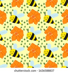 Seamless pattern with cute kawaii bees and flowers on yellow background. Vector illustration, hand drawn. Design for fabric, textile, wrapper, print.