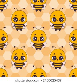 Seamless pattern with cute kawaii bees. Vector illustration on honeycomb background.