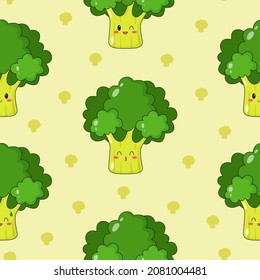 Seamless pattern of cute kawaii broccoli. Vegetable print with different emotions of broccoli. Flat vector illustration.