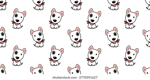 Seamless pattern of cute kawaii bull terrier with a scarf sitting cartoon, vector illustration