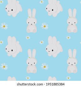 Seamless pattern with cute kawaii bunny rabbit. Vector illustration. Little cute hare. Vector flat illustration for print. 