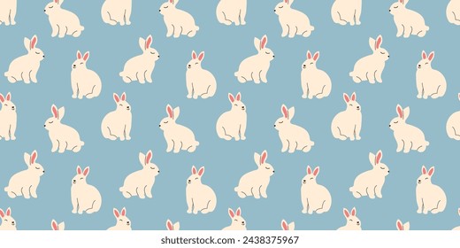 Patrón sin fisuras de lindo conejito kawaii. Primavera Pascua conejo blanco sobre fondo azul. Diseño sin fin de animal dibujado a mano.