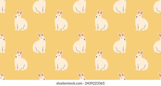 Seamless pattern of cute kawaii Bunny on yellow background. Springtime Easter white rabbit. Hand drawn animal endless design.