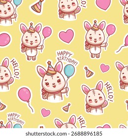 Seamless pattern with cute kawaii bunny holding balloon - cute vector design for birthday	