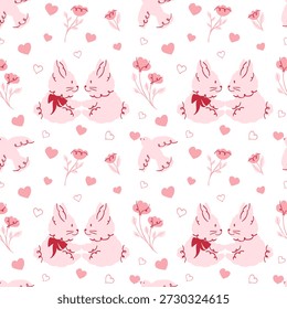 Patrón sin fisuras con lindas parejas de conejitos kawaii, corazones, palomas y flores. Fondo repetitivo romántico en tonos rosa pastel. Vector dibujado a mano ilustración para papel de embalaje, tela, Fondo de pantalla