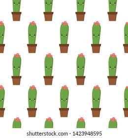 Seamless pattern with cute kawaii cactus with funny faces. isolated on white background. Vector illustration.