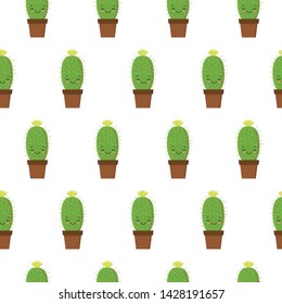 Seamless pattern with cute kawaii cactus with funny faces. isolated on white background. Vector illustration.