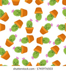 Patrón sin foco con lindos cactus kawaii y suculentos con caras graciosas en ollas. Ilustración del vector