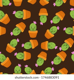 Seamless pattern with cute kawaii cactus and succulents with funny faces in pots. Vector illustration