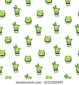 Seamless pattern with cute kawaii cactus and succulents with funny faces in pots.