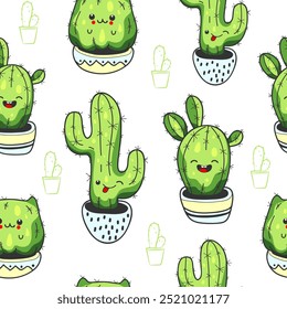 Seamless pattern with cute kawaii cactus and succulents with funny faces in pots.