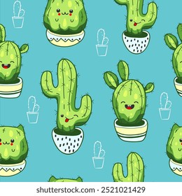 Seamless pattern with cute kawaii cactus and succulents with funny faces in pots.