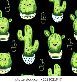 Seamless pattern with cute kawaii cactus and succulents with funny faces in pots.