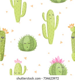 Seamless pattern with cute kawaii cactus and succulents with funny faces. isolated on white background. Vector illustration. wrapping paper design