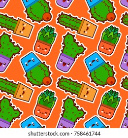 Seamless pattern with cute kawaii cactus and succulents with funny faces in pots. Orange background. Flat design, vector illustration, EPS10