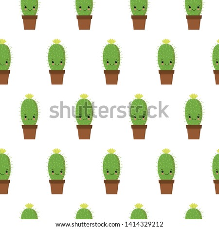 Seamless pattern with cute kawaii cactus with funny faces. isolated on white background. Vector illustration.