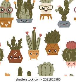 Patrón sin foco con lindos cactús y suculentos kawaii. Textos de textil, envasado, papel envasado
