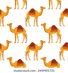 Seamless pattern with cute kawaii camels on a white background. Background for wrapping paper, wallpaper, cover. Vector