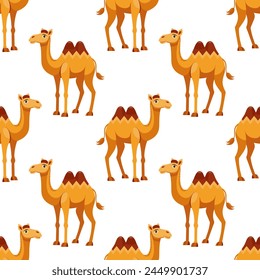 Seamless pattern with cute kawaii camels on a white background. Background for wrapping paper, wallpaper, cover. Vector