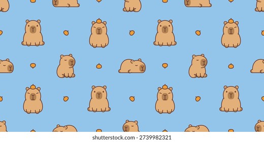 Seamless pattern of cute kawaii capybara with orange, vector illustration